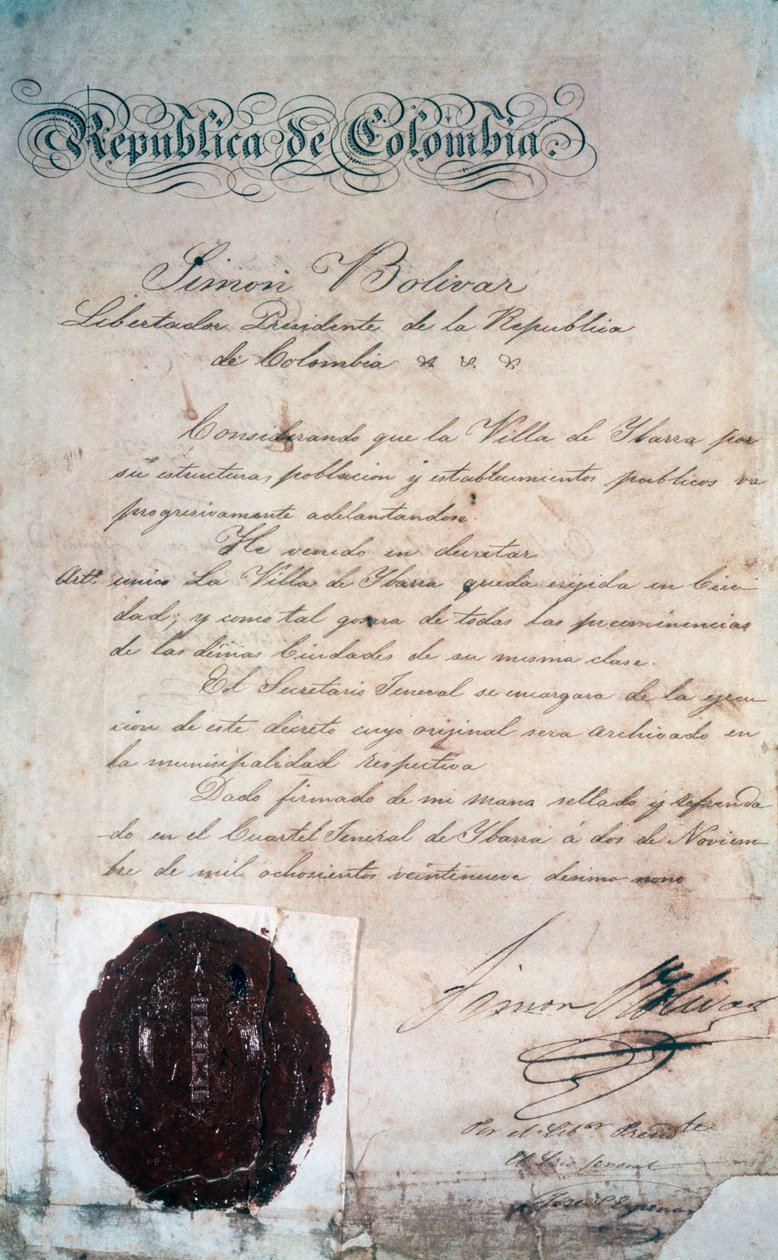 Akt, kterým Simon Bolivar prohlásil město San Miguel de Ibarra, hlavní město okolní provincie, v té době součástí Velké Kolumbie (dnes Ekvádor), 2. listopadu od Georg Carl Heinrich Dollmann