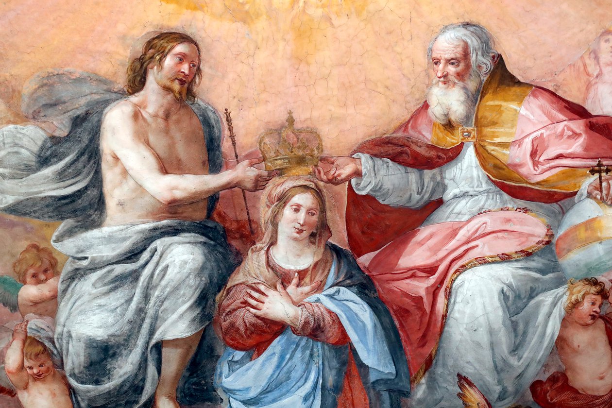 Korunovace Panny Marie. Freska. Bazilika della Santissima Annunziata del Vastato. Janov. Itálie. od . .