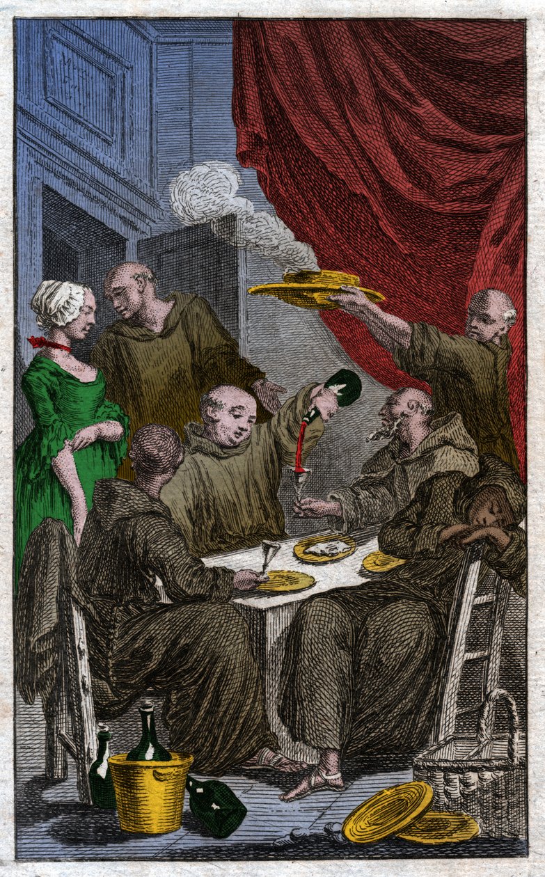 Svátek mnichů porušujících klášterní pravidla. Pijí víno, dvoří se služkám. 18. století (rytina) od . .