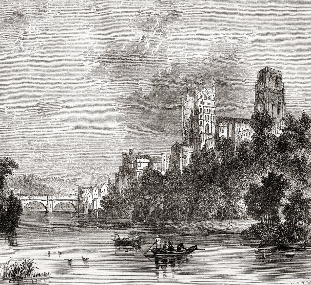 Pohled na Durham a katedrálu, při pohledu z řeky Wear, Durham, Anglie od . .
