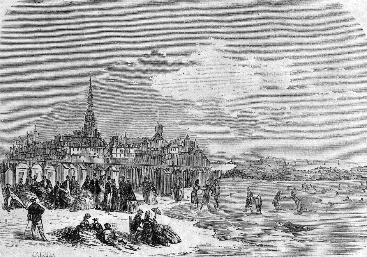 Pohled na koupající se na pláži Saint Malo od . .