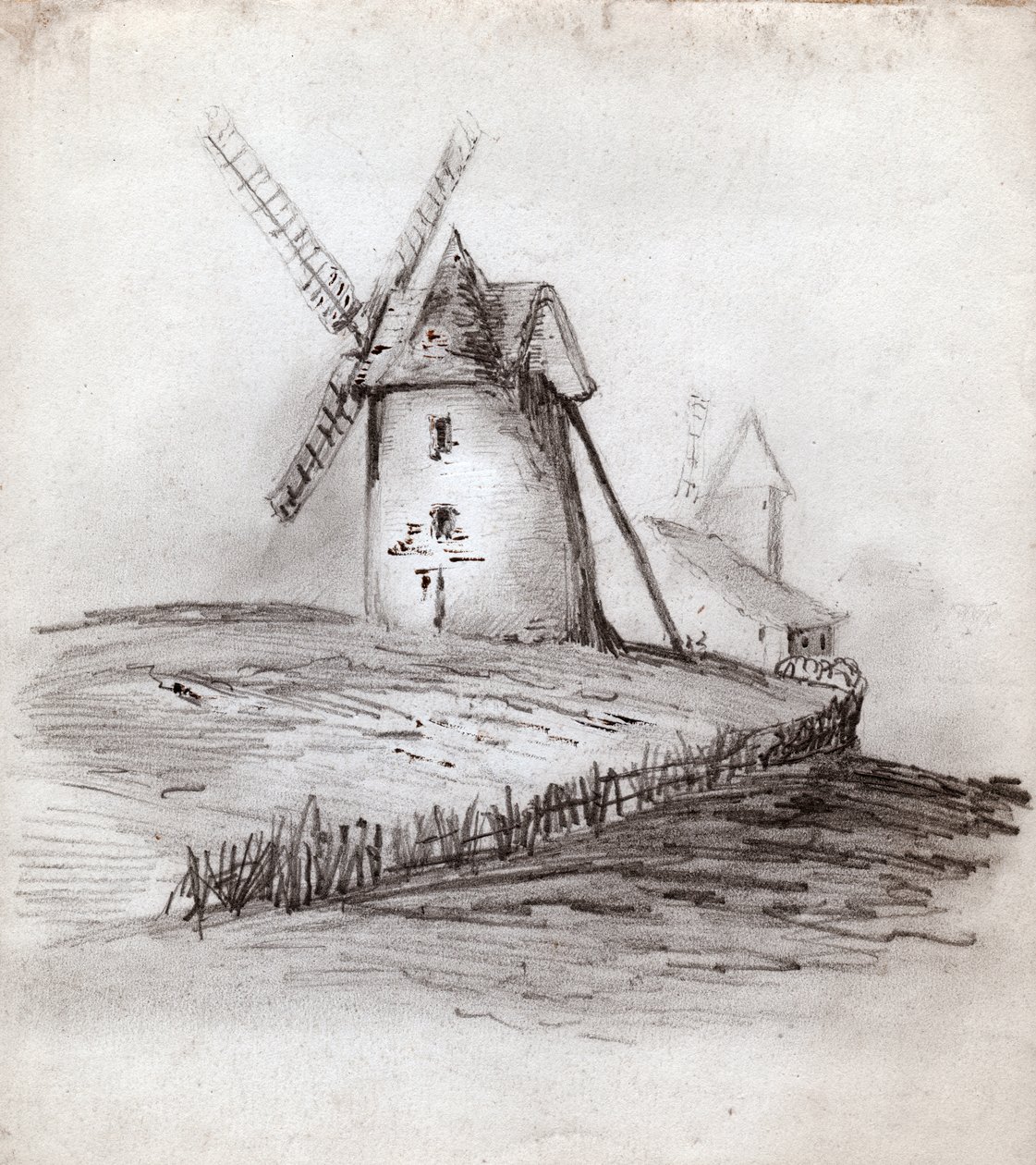 Větrný mlýn v Normandii, Francie. cca 1830 (ilustrace) od . .
