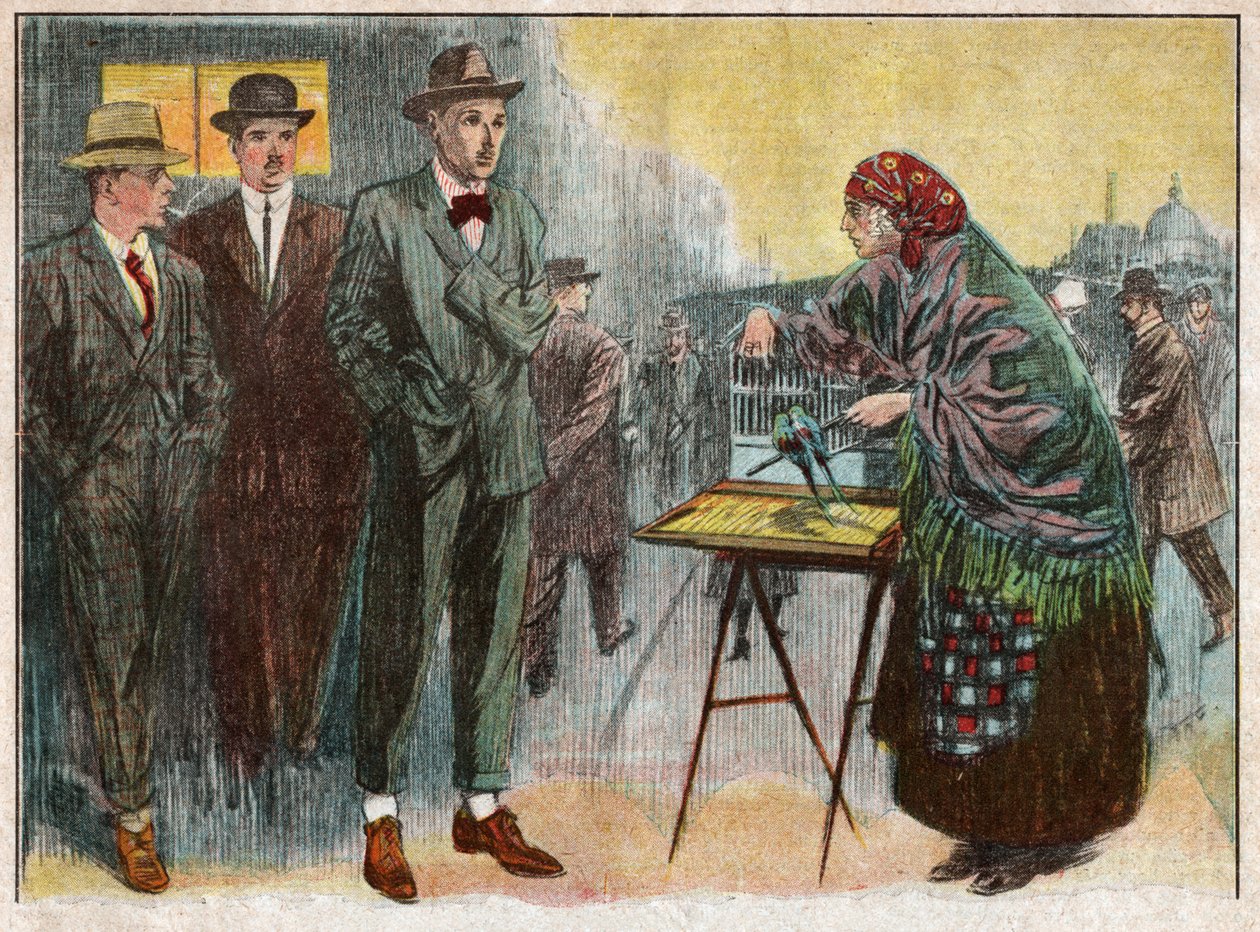 Žena cvičí věštění pomocí ptáků. 1926 (ilustrace) od . .