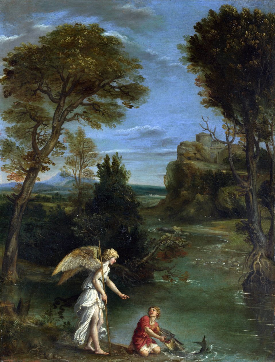 Krajina s Tobiášem, jak drží Rybu od Domenichino