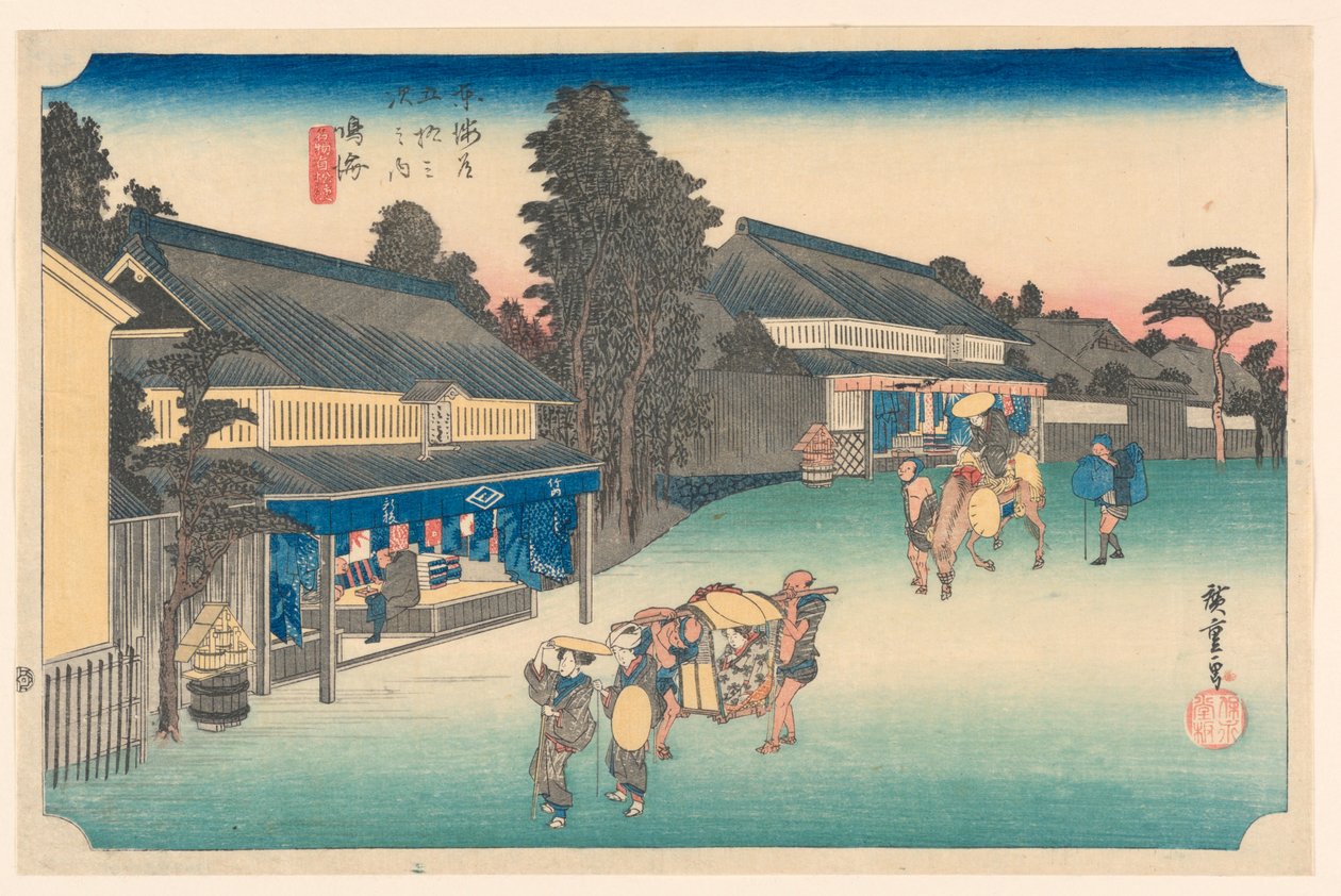 Narumi, místo známé svou látkou, v Padesáti třech stanicích silnice Tokaido od Hiroshige