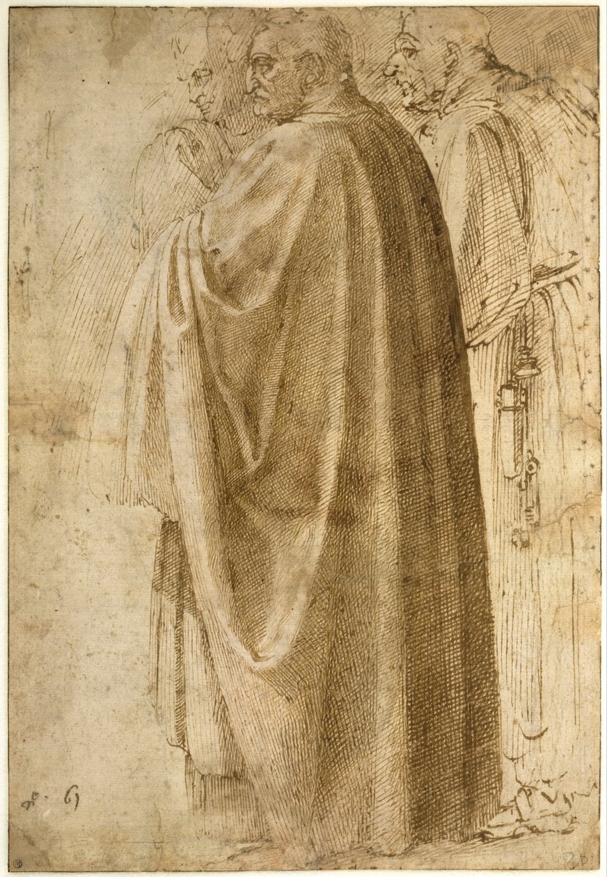 Tři stojící muži v širokých pláštích se otočili doleva od Michelangelo