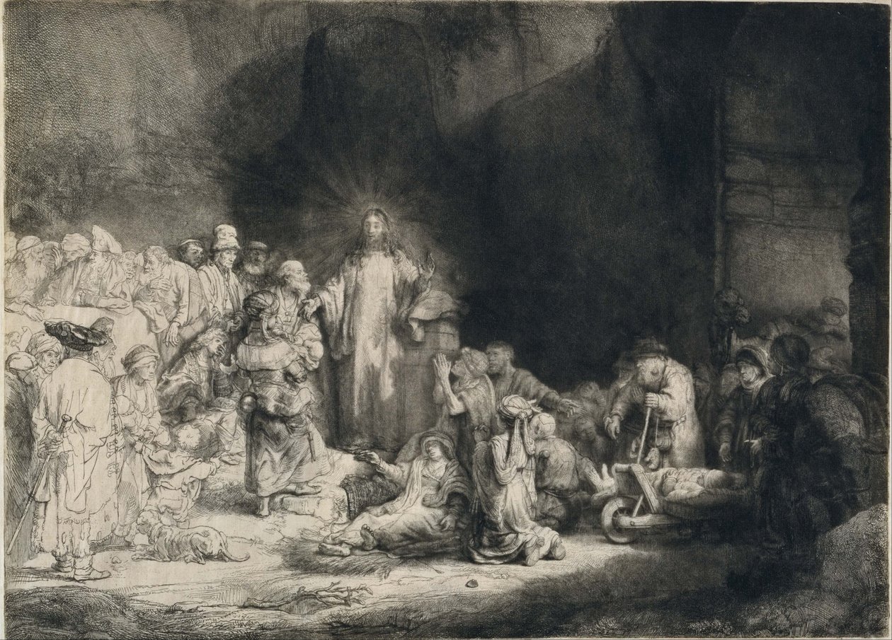 Kristus s nemocnými kolem sebe, přijímající malé děti (Tisk "Sto guldenů") od Rembrandt van Rijn