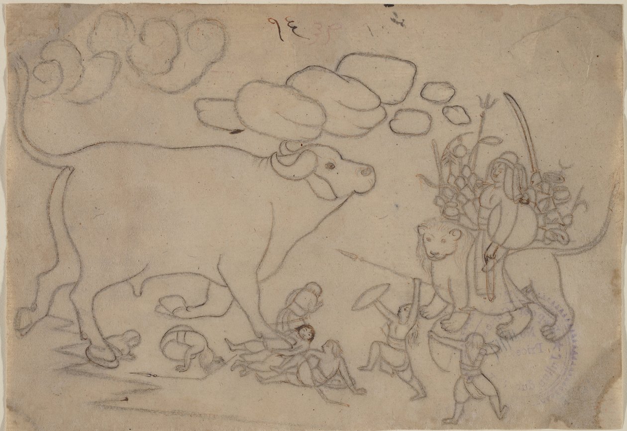 Durga čelí Buffalo Demon Mahisha: Scéna z Devi Mahatmya, Ka. 1780. od a first generation master after Nainsukh