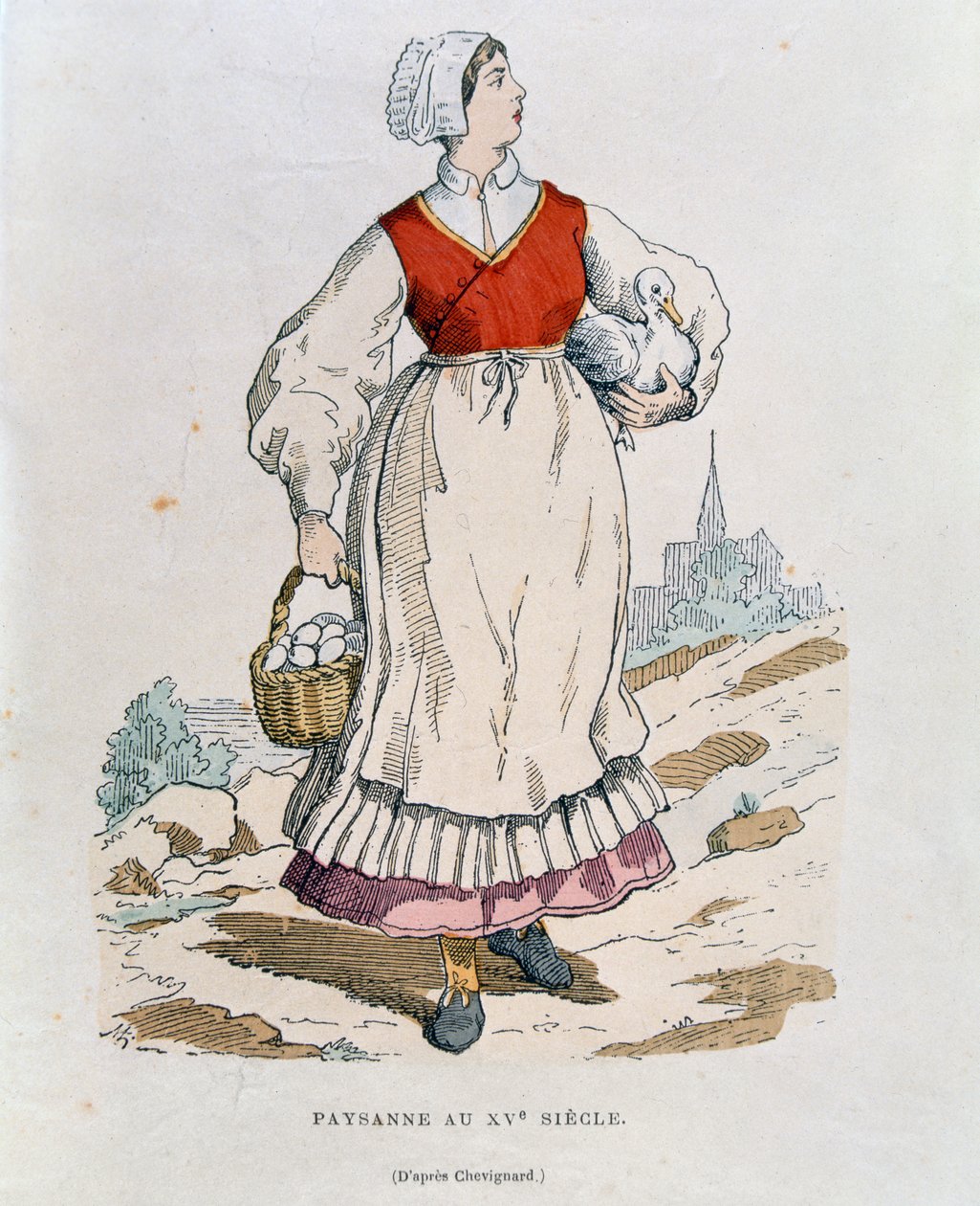 Francouzský rolník 16. století, ilustrace z „Costumes Civils et Militaires Francais a travers les siecles“ od Augustina Challamela, 1881 od after Chevignard