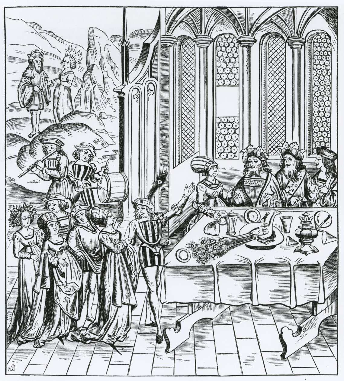 Státní hostina - servírování pávovi, podle dřevorytu v edici Virgil, vydáno Lyons, 1517 od French School