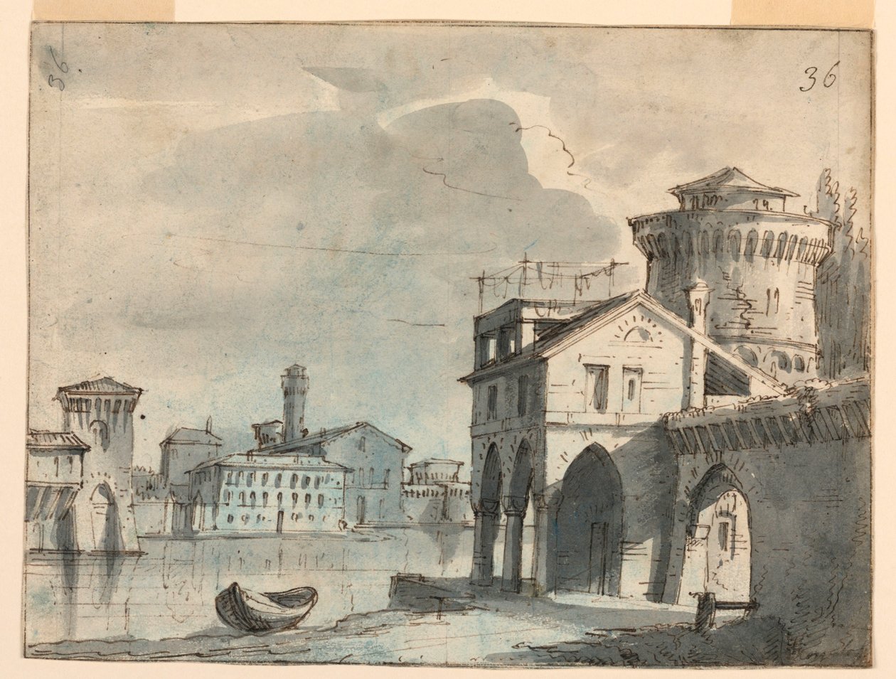 Scéna, budovy na Riverside od after Alessandro Sanquirico