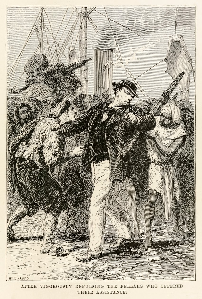 Poté, co energicky odrazil borce, kteří nabídli svou pomoc, z knihy Cesta kolem světa za osmdesát dní od Julese Verna (1828-1905), vyryl Henri-Théophile Hildebrand (1824-1897) 1873 (rytina od after Alphonse Marie de Neuville