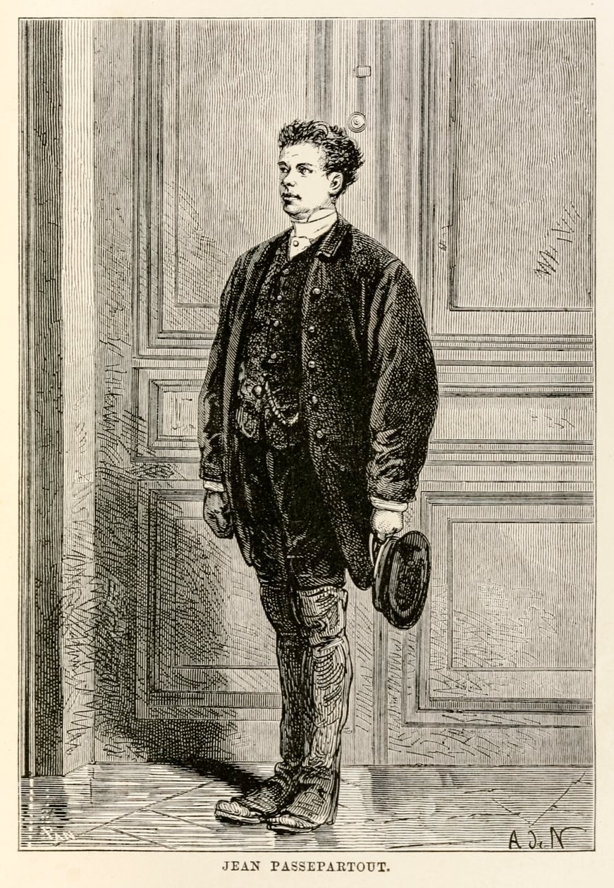 Jean Passepartout, z Cesta kolem světa za osmdesát dní od Julese Verna (1828-1905), vyryl Louis Dumont (nar. 1822) 1873 od after Alphonse Marie de Neuville
