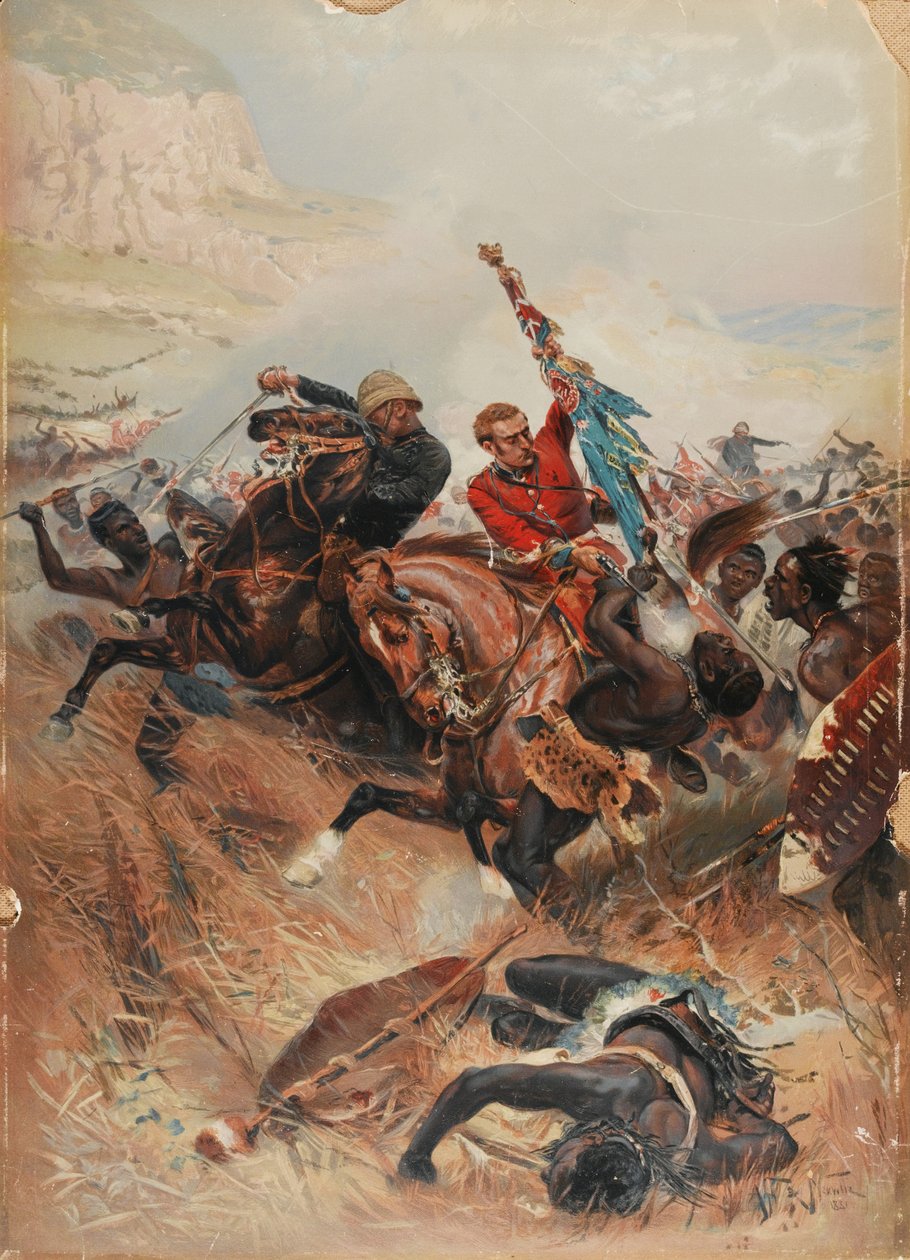 Poručíci Melville a Coghill Saving the Colours, válka Zuluů 1879, 1881 (chromolitho) od after Alphonse Marie de Neuville