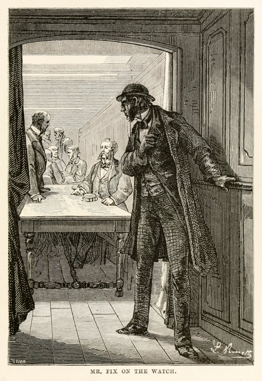 Pan Fix na hodinkách, z knihy Cesta kolem světa za osmdesát dní od Julese Verna (1828-1905), vyryl Louis Dumont (nar. 1822), 1873 od after Alphonse Marie de Neuville