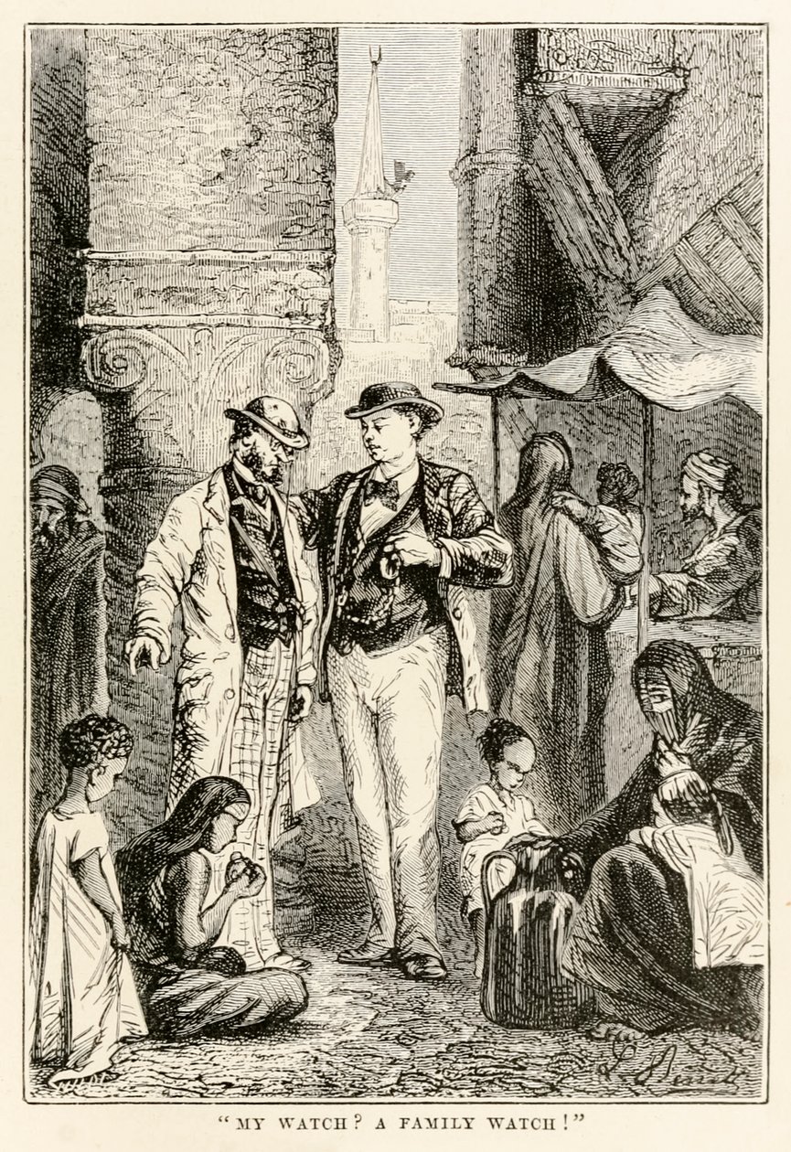 Moje hodinky? Rodinné hodinky!, z knihy Cesta kolem světa za osmdesát dní od Julese Verna (1828-1905), vyryl Louis Dumont (nar. 1822), 1873 od after Alphonse Marie de Neuville