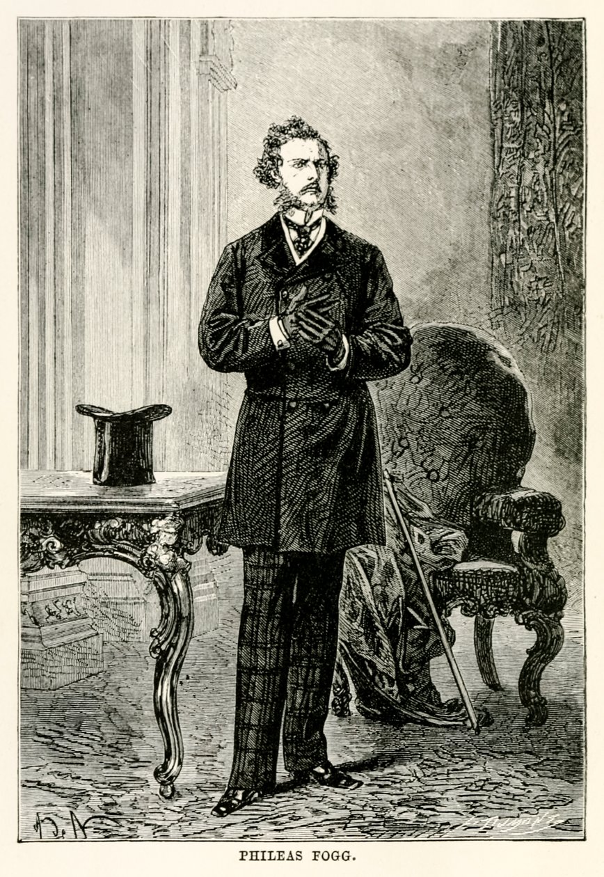 Phileas Fogg, z knihy Cesta kolem světa za osmdesát dní od Julese Verna (1828-1905), vyryl Louis Dumont (nar. 1822) 1873 od after Alphonse Marie de Neuville