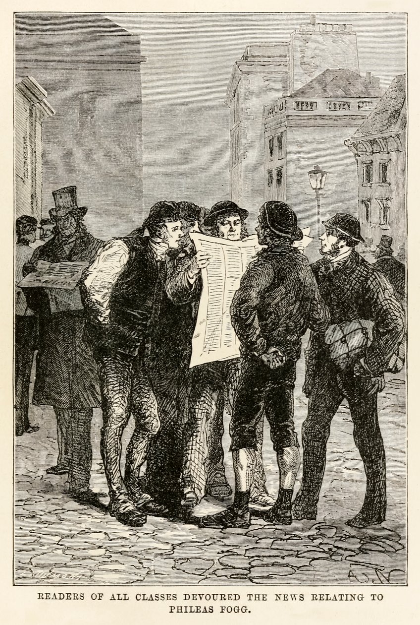 Čtenáři všech tříd hltali zprávy týkající se Philease Fogga z knihy Cesta kolem světa za osmdesát dní od Julese Verna (1828-1905), kterou vyryl Louis Dumont (nar. 1822) 1873 od after Alphonse Marie de Neuville