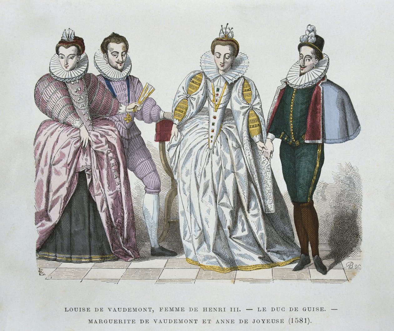 Louise Lorraine-Vaudemont (1553-1601), manželka Jindřicha III., vévody z Guise (1549-88), Marguerite z Vaudemontu (1564-1625) a Anny z Joyeuse (1561-87) od after Chevignard