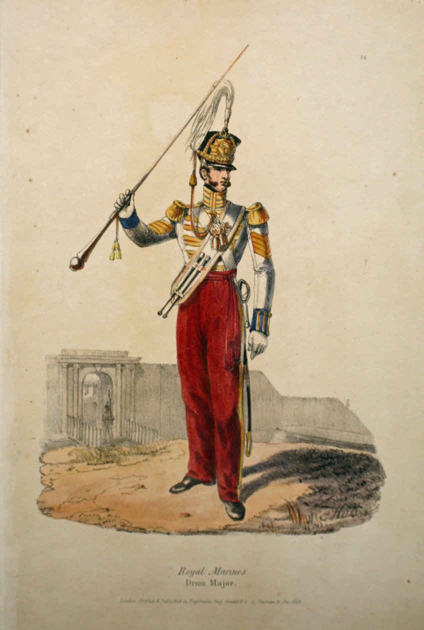 Bubeník královské námořní pěchoty, cca 1829 (ručně kolorovaná litografie) od after Edward Hull