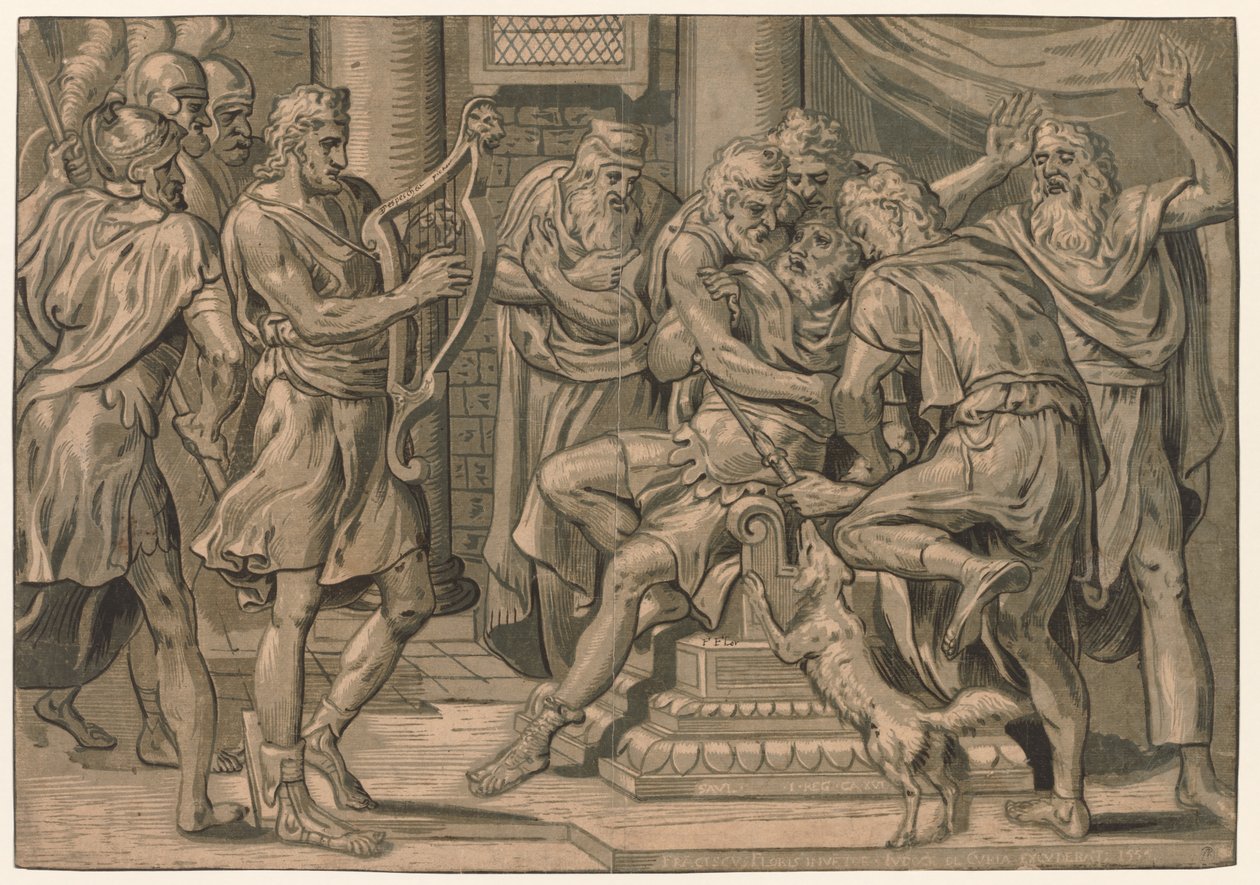 David hraje na harfu před Saulem od after Frans Floris