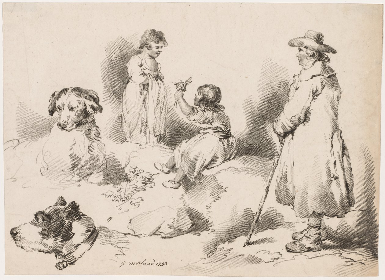 Studie o dětech (dvě malé holčičky); Dva psi; Muž od after George Morland
