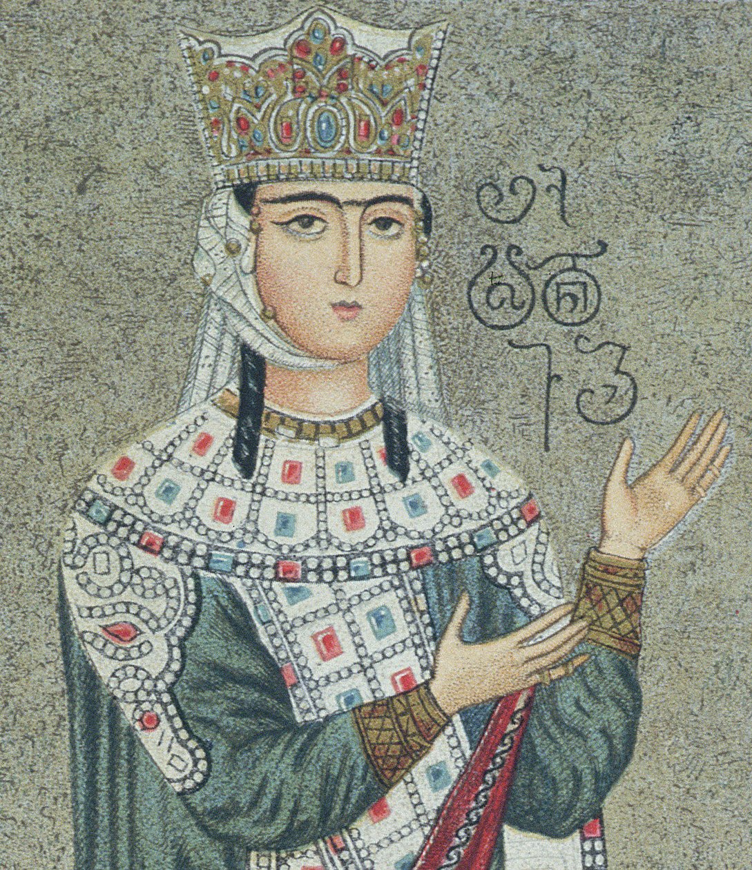 Detail fresky zobrazující královnu Thamar (1184-1213) a jejího otce krále Grigori III (1156-1184) od after Georgian School