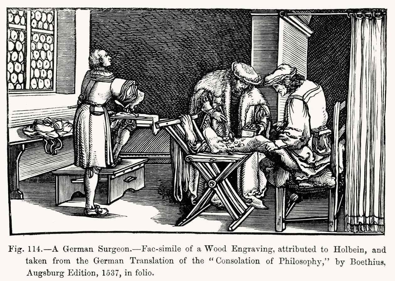 Německý chirurg, z Consolation of Philosophy od Boethia, ilustrace z Vědy a literatury ve středověku a renesanci, napsal a vyryl Paul Lacroix, 1878 (bw ph od after German School