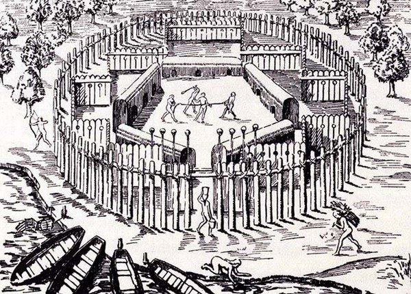 Vesnice Guarani, z Gottfrieds Historia Antipodum, hospoda. v roce 1655, z Romance of the River Plate, sv. I, od W. H. Koebel, 1914 od after German School