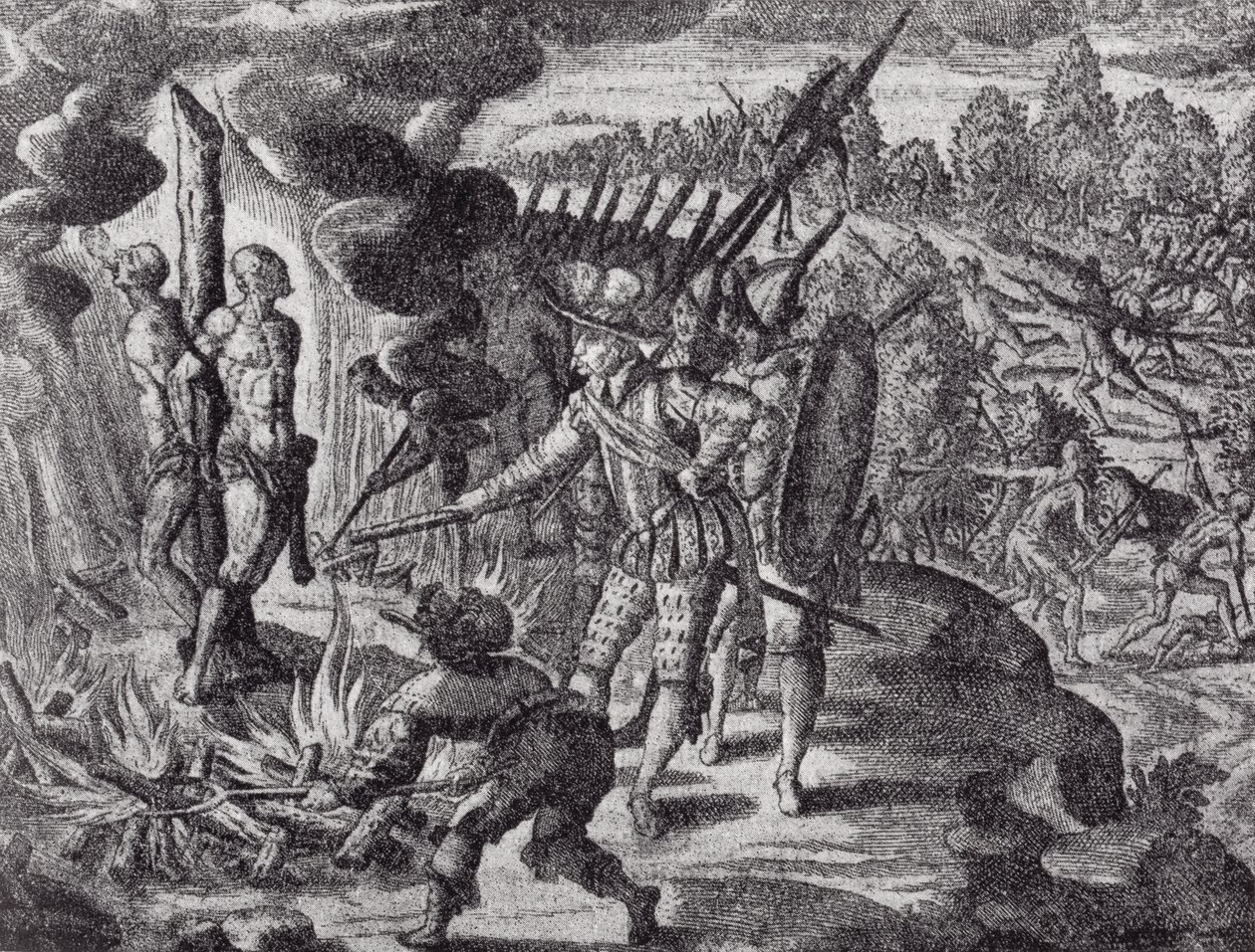 Španělská pomsta za smrt Ayolase, z Gottfrieds Historia Antipodum, hospoda. v roce 1655, z Romance of the River Plate, sv. I, od W. H. Koebel, 1914 od after German School