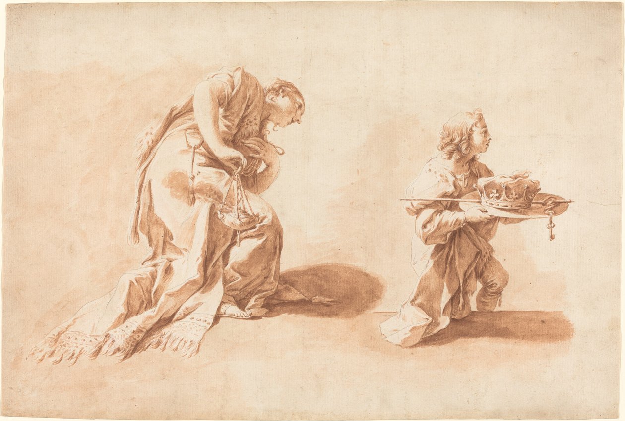Klečící žena s kadidelnicí a stránkou držící korunu a žezlo od after Giovanni Battista Pittoni the younger Anton Kern