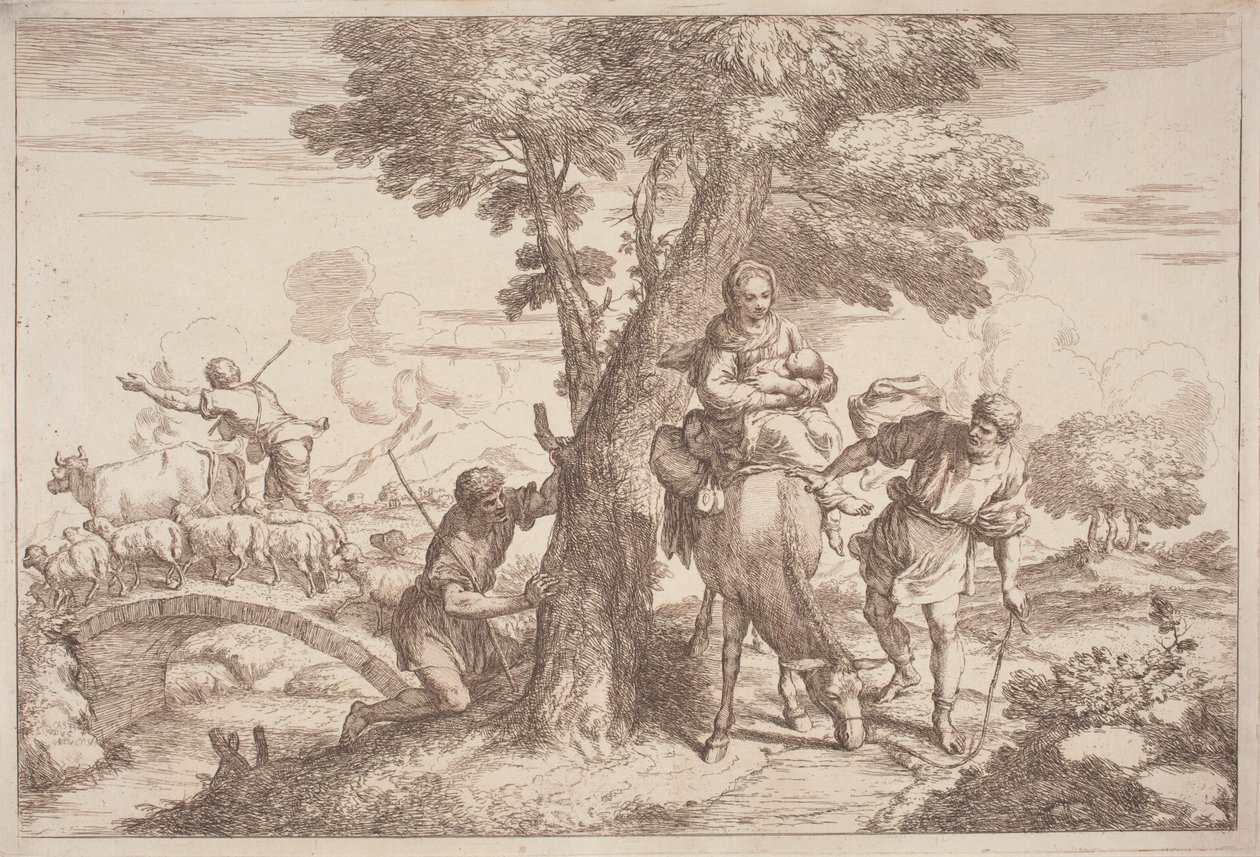 Útěk do Egypta s pastýřem přihlížejícím zpoza stromu od after Giovanni Benedetto Castiglione Gaetano Zompini