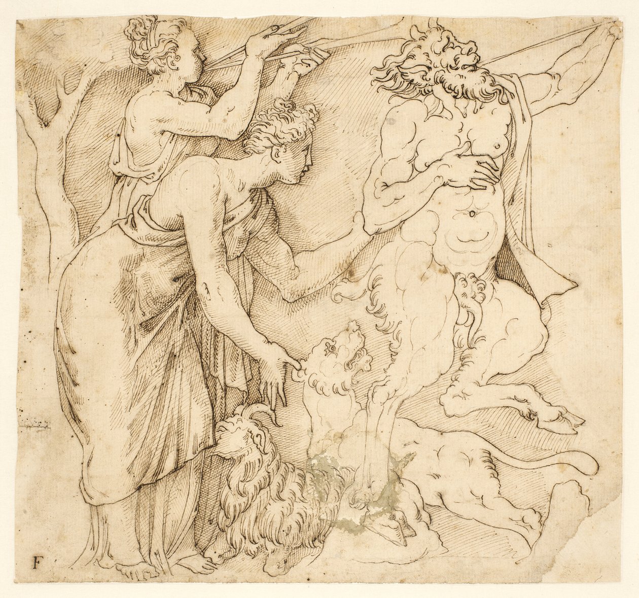 Satyr, dvě ženy, lev a koza od after Giulio Romano