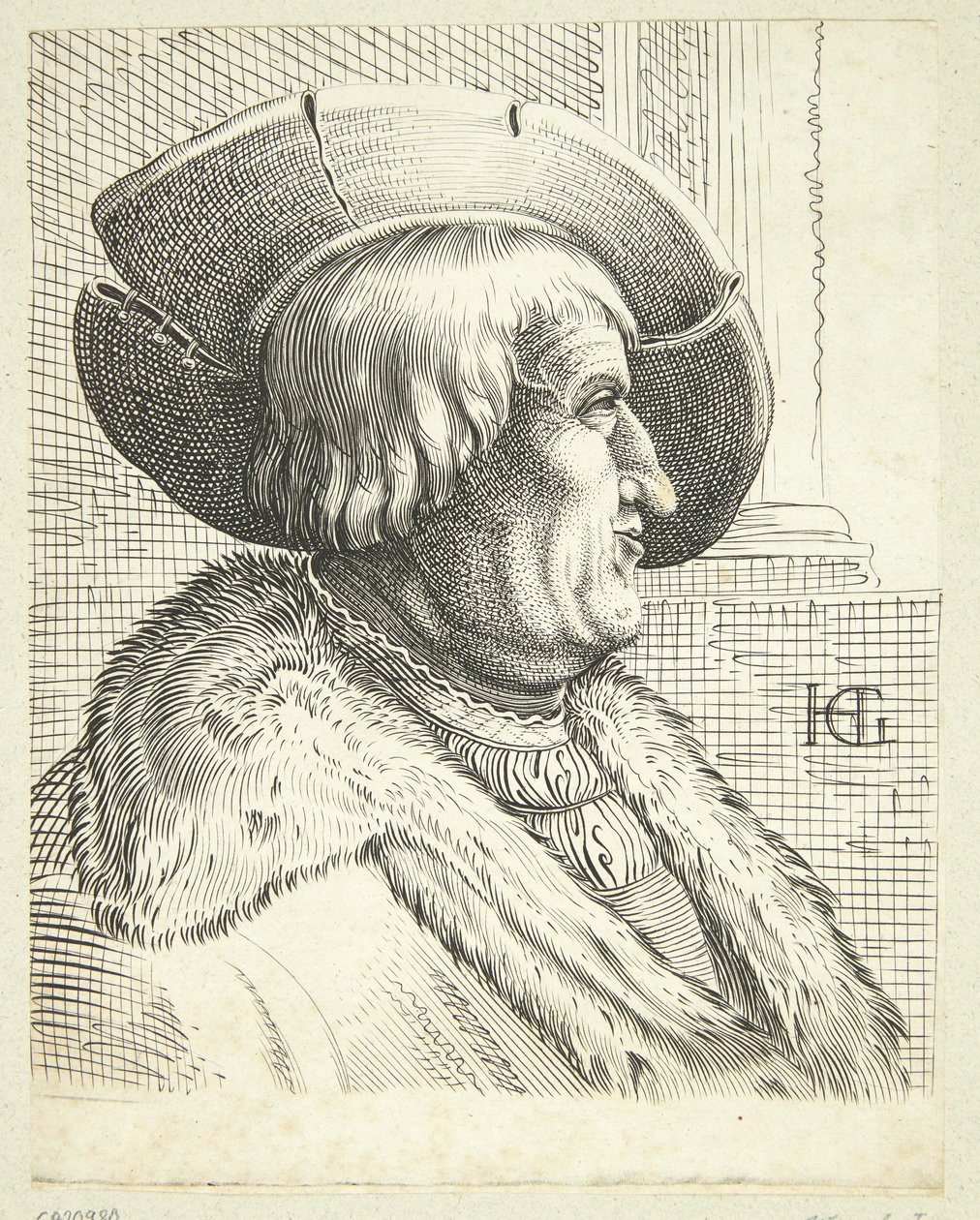 Fantasy portrét starého muže s kloboukem v profilu od after Hendrick Goltzius