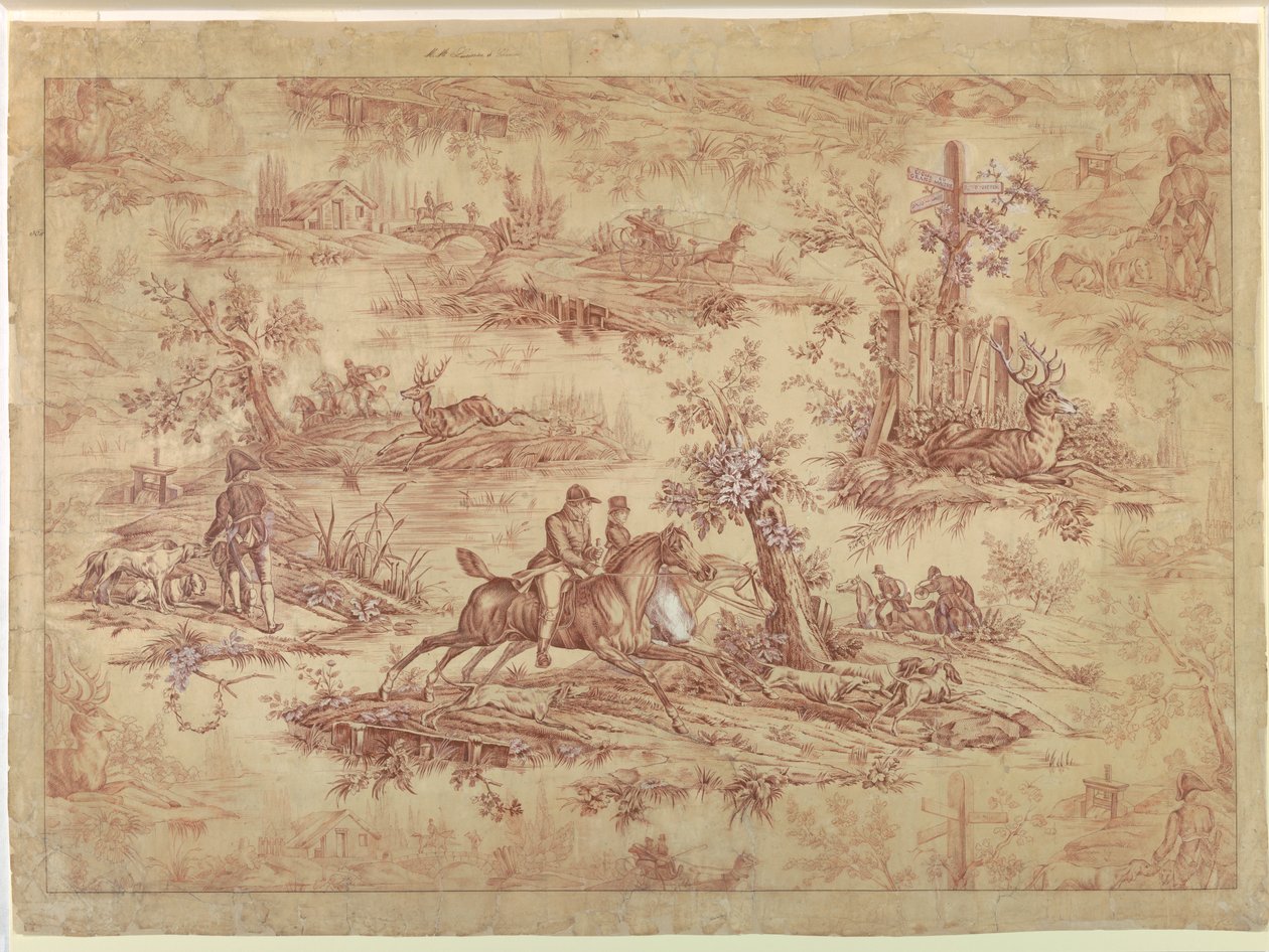 Karikatura pro bavlněný tištěný textil, La Route de Jouy od after Horace Vernet