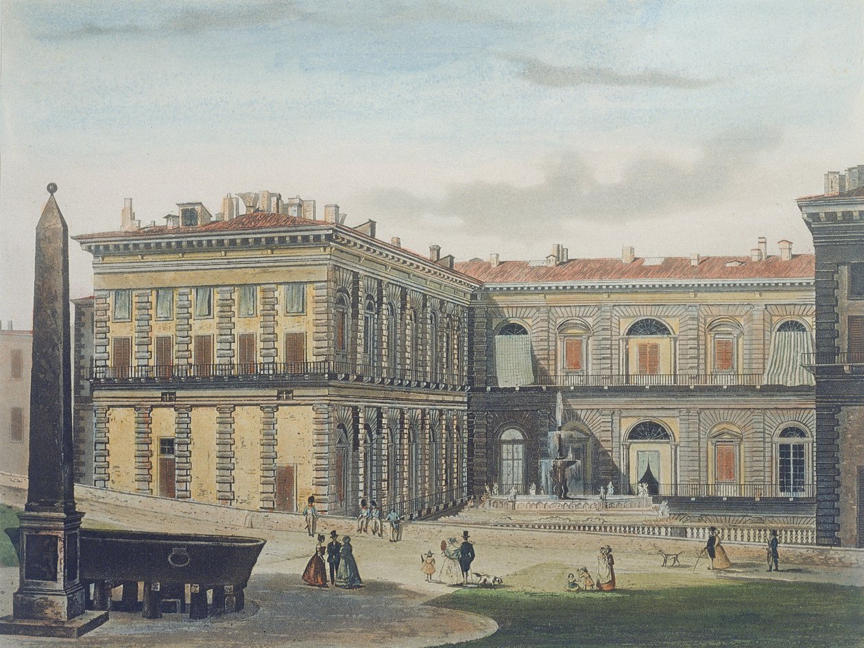 Vnitřní nádvoří Palazzo Pitti, Florencie, ryl Johann Falkeisen (1804-83) a koloroval L. Cherbuin, kolem 1842 (akvatinta) od after Italian School