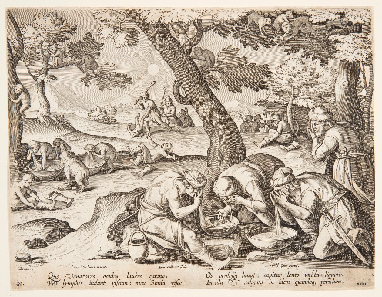 Opice napodobující lovce od after Jan van der Straet, called Stradanus