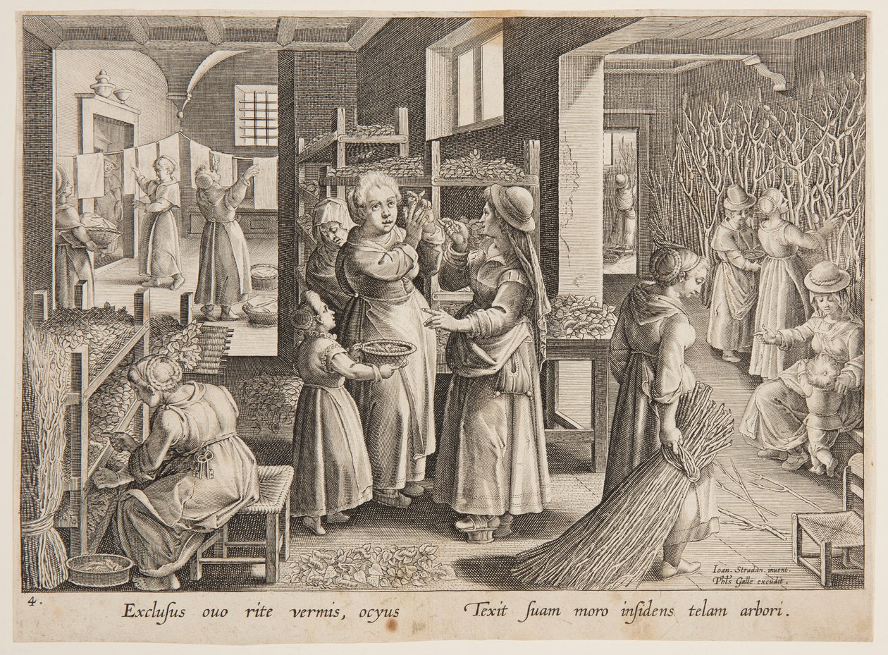 Krmení listů moruše bource morušového od after Jan van der Straet, called Stradanus