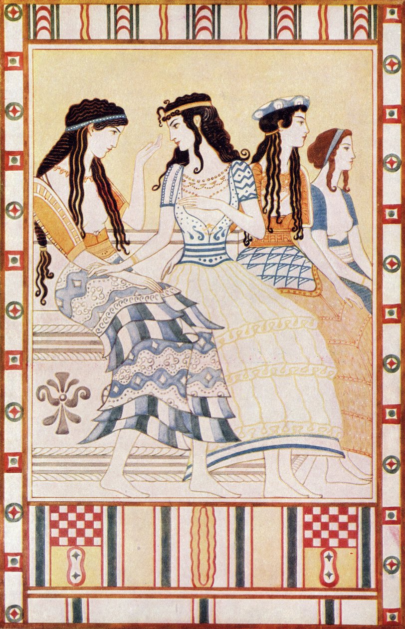 Dámy z minojského dvora, ilustrace z „Mýtů o Krétě a předhelénské Evropě“ od Donalda A. Mackenzieho, vydané v roce 1917 od after John Duncan