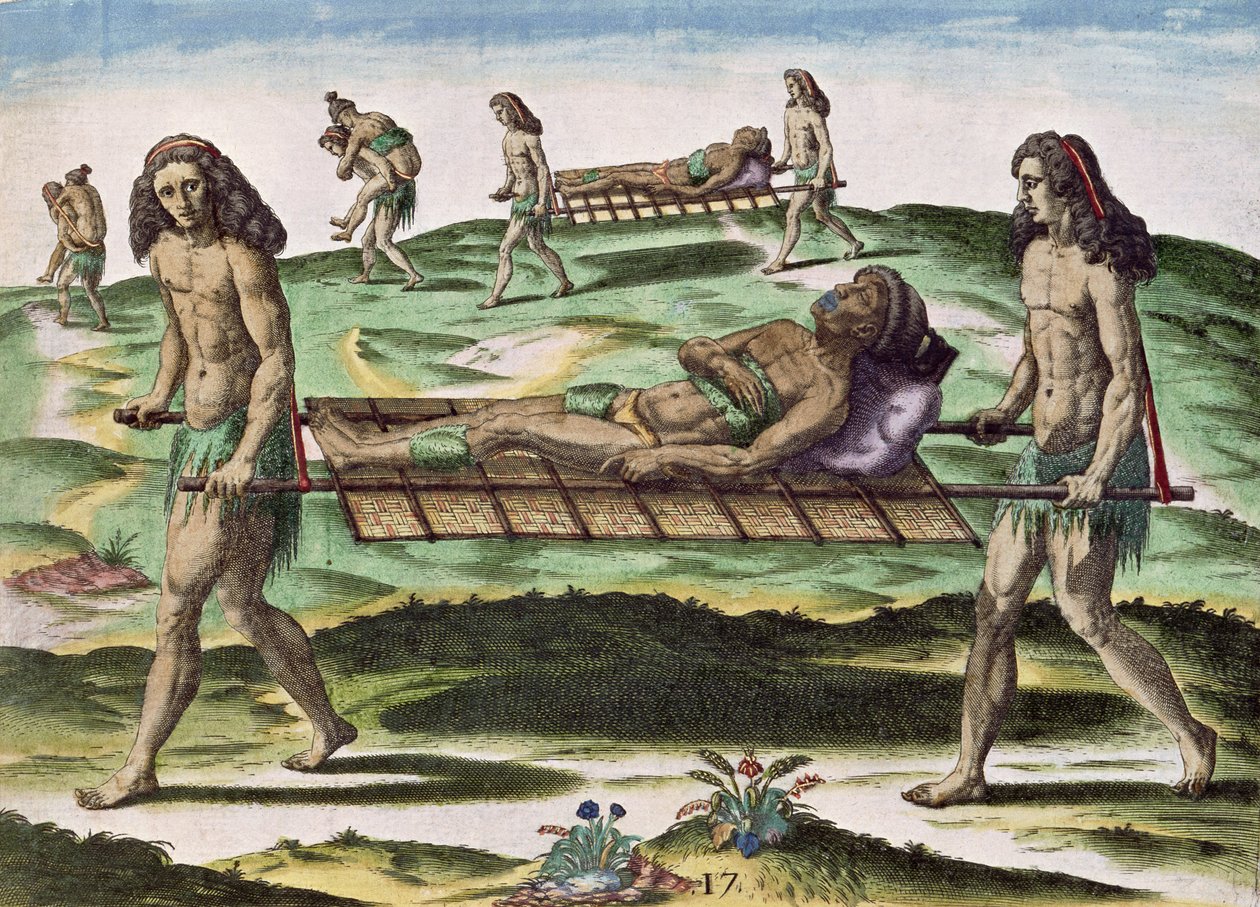 Hermafroditi přepravující zraněné, z „Brevis Narratio...“, vydané Theodorem de Bry, 1591 od after Le Moyne, J.Bry