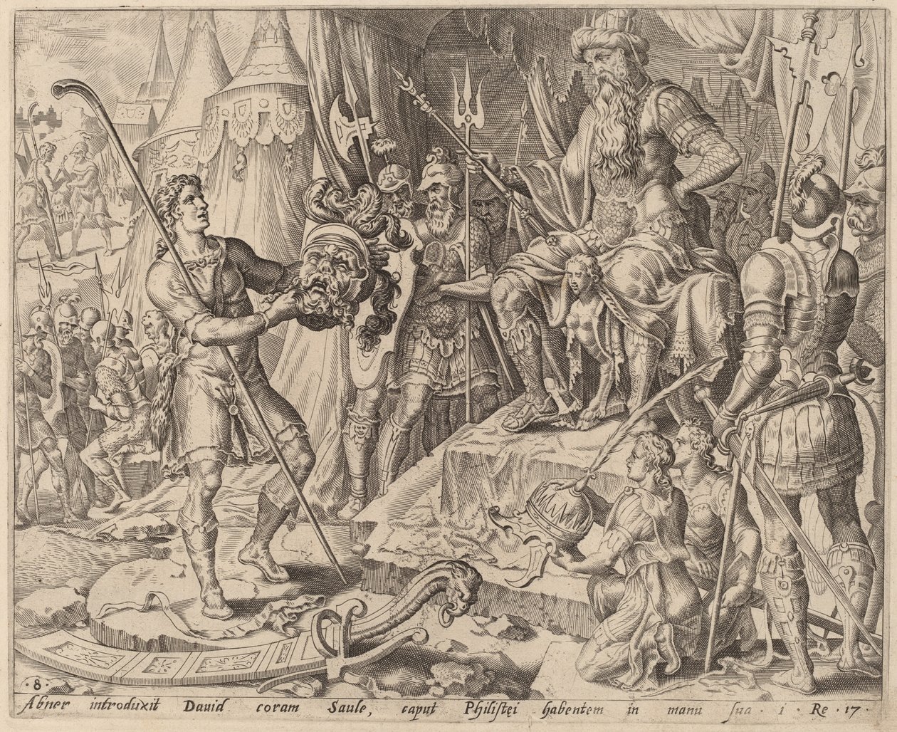David s Goliášovou hlavou před Saulem od after Maerten van Heemskerck