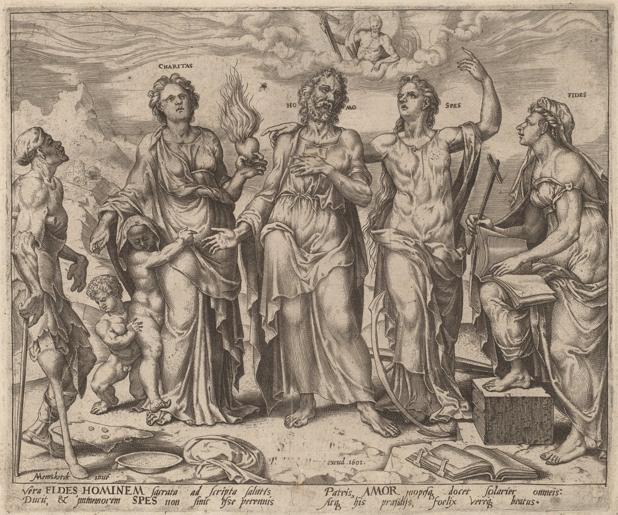Muž s pomocí víry, naděje a lásky od after Maerten van Heemskerck
