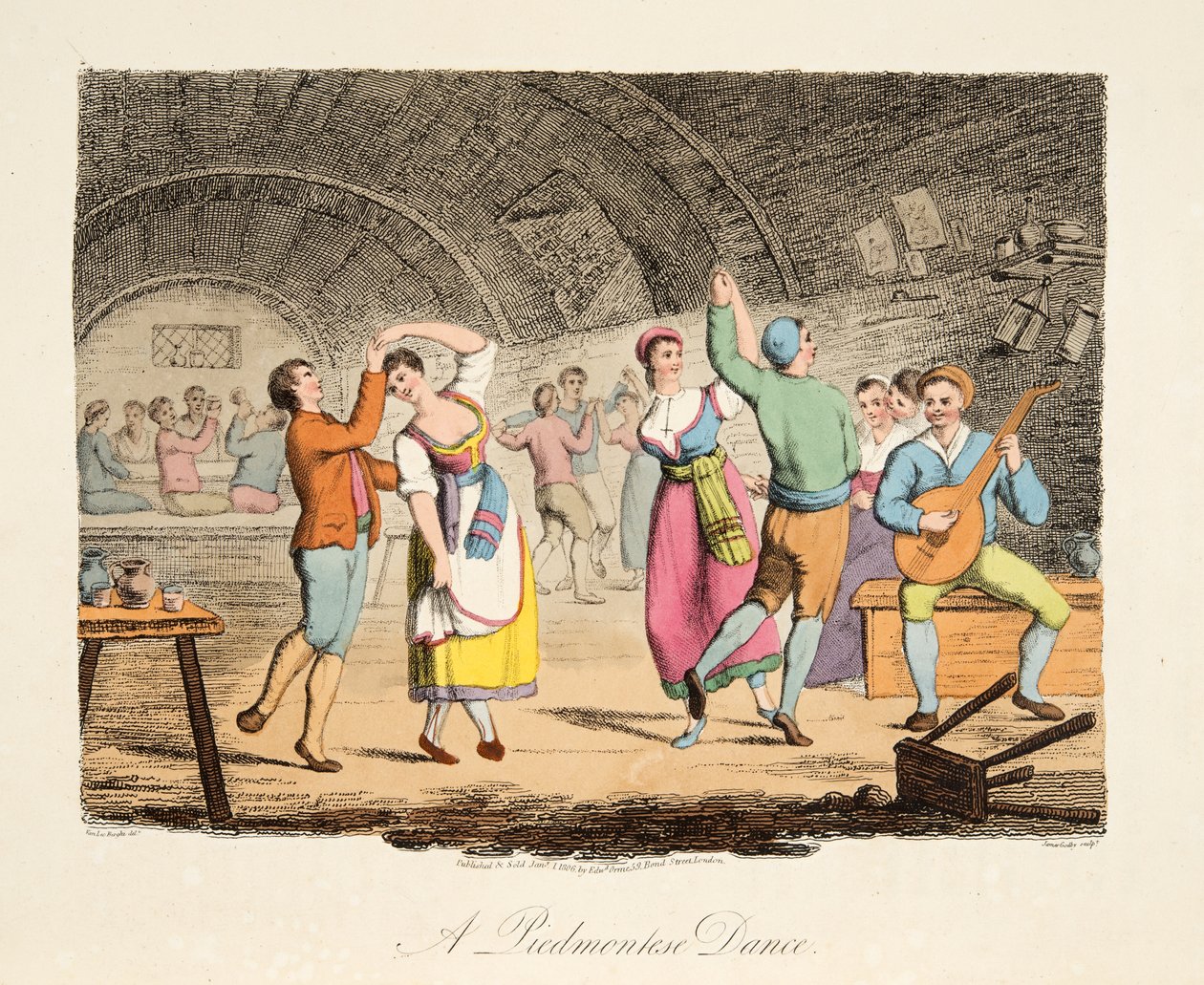 Piemontský tanec, z italské scenérie, představující způsoby, zvyky a zábavy různých států Itálie, hospoda. 1806 (ručně kolorovaná rytina) od after P. van Lerberghi