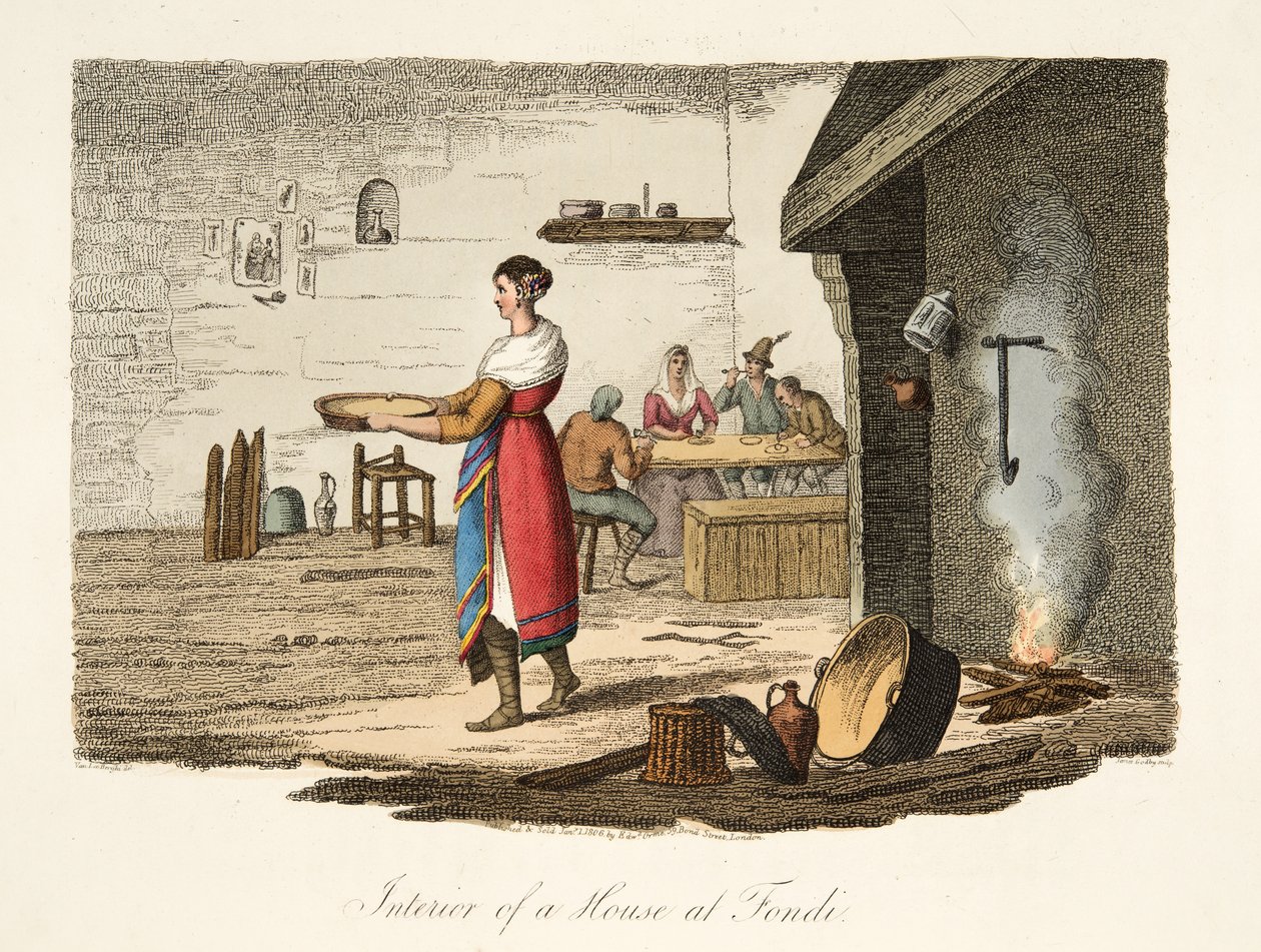 Interiér domu ve Fondi, z knihy Italské scenérie, představující mravy, zvyky a zábavy různých států Itálie, vyd. 1806 (ručně kolorovaná rytina) od after P. van Lerberghi