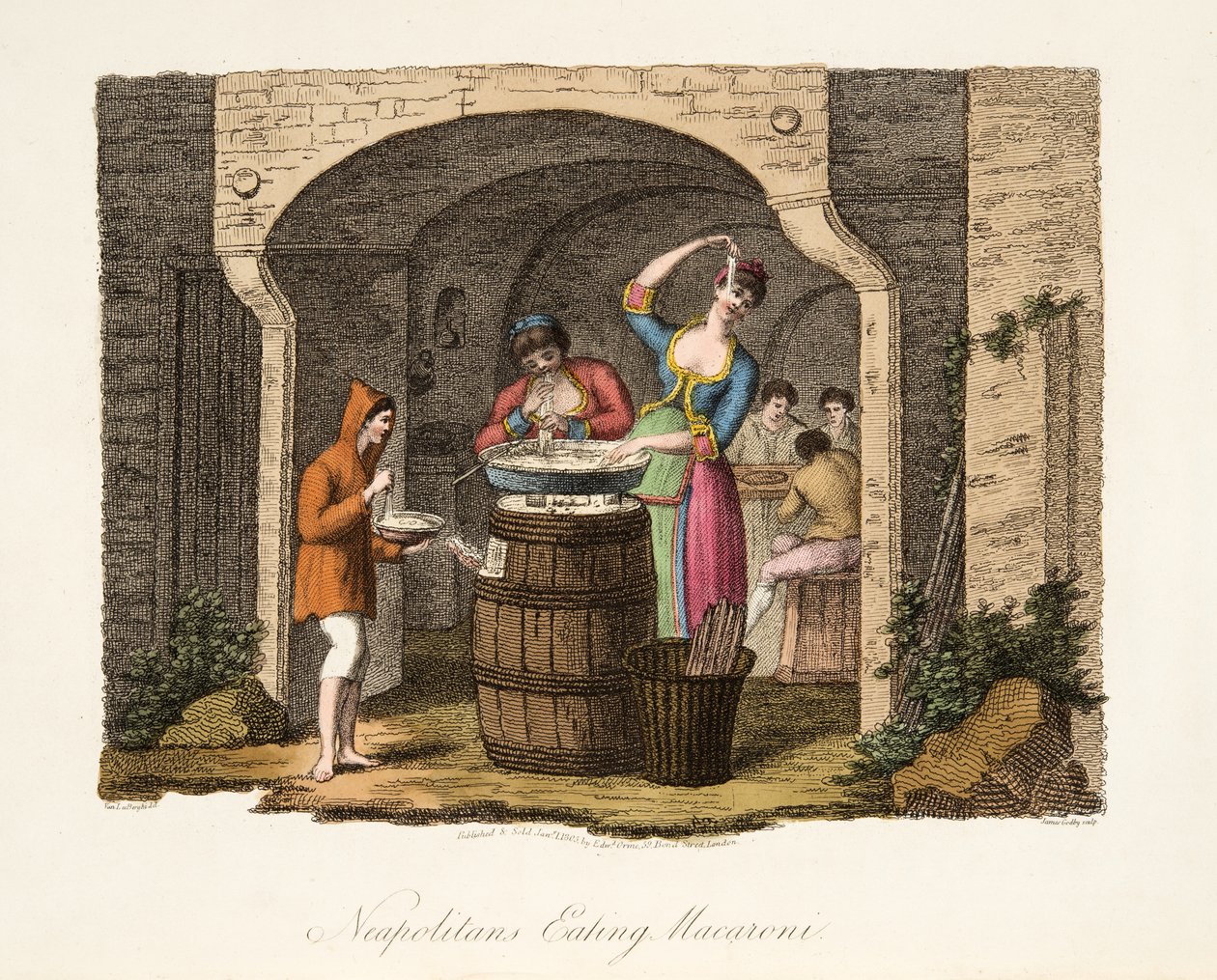 Neapolitans Eating Macaroni, od Italian Scenery, reprezentující způsoby, zvyky a zábavy různých států Itálie, hospoda. 1806 (ručně kolorovaná rytina) od after P. van Lerberghi
