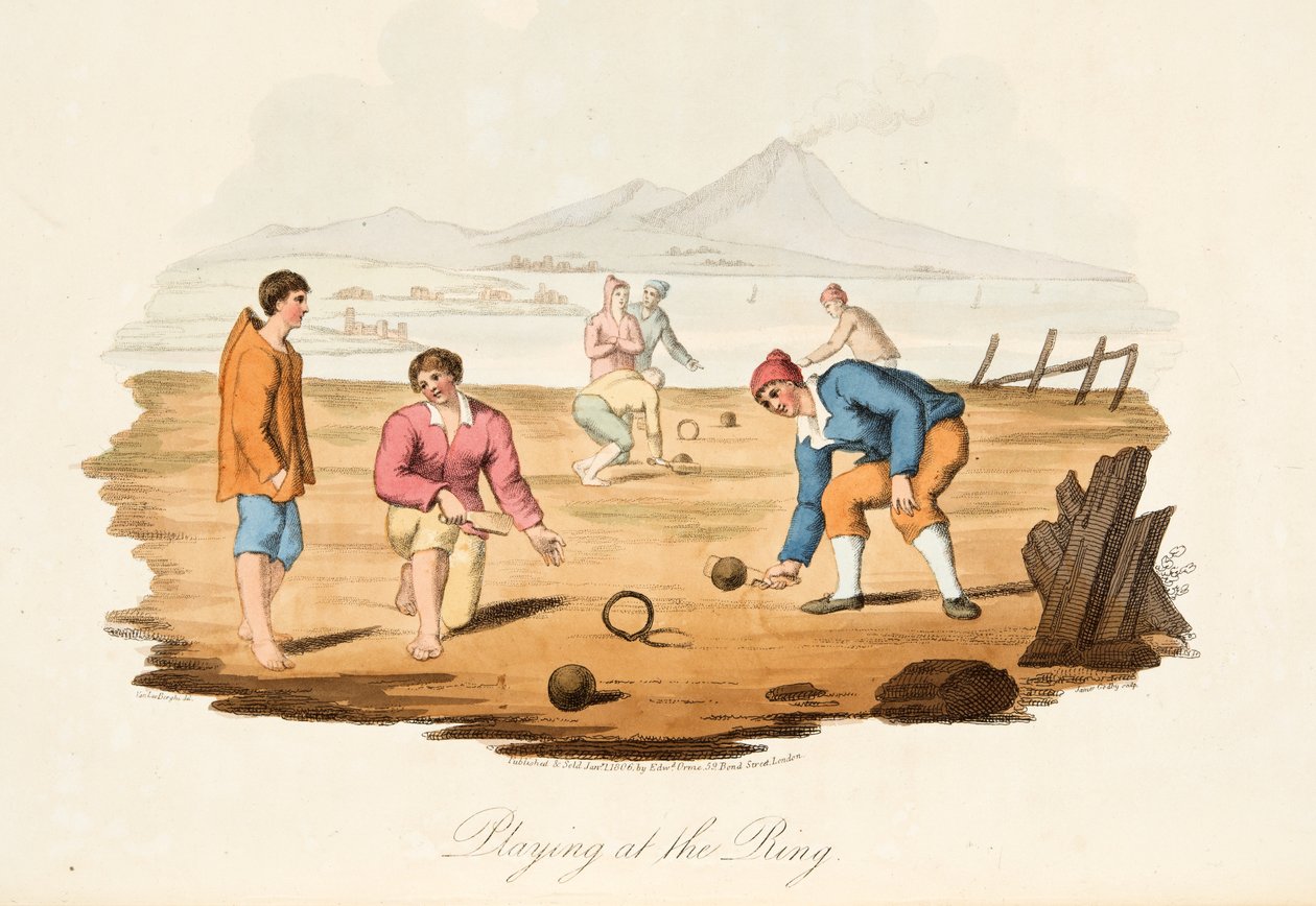 Hraní na prsten, z italské scenérie, představující způsoby, zvyky a zábavy různých států Itálie, hospoda. 1806 (ručně kolorovaná rytina) od after P. van Lerberghi