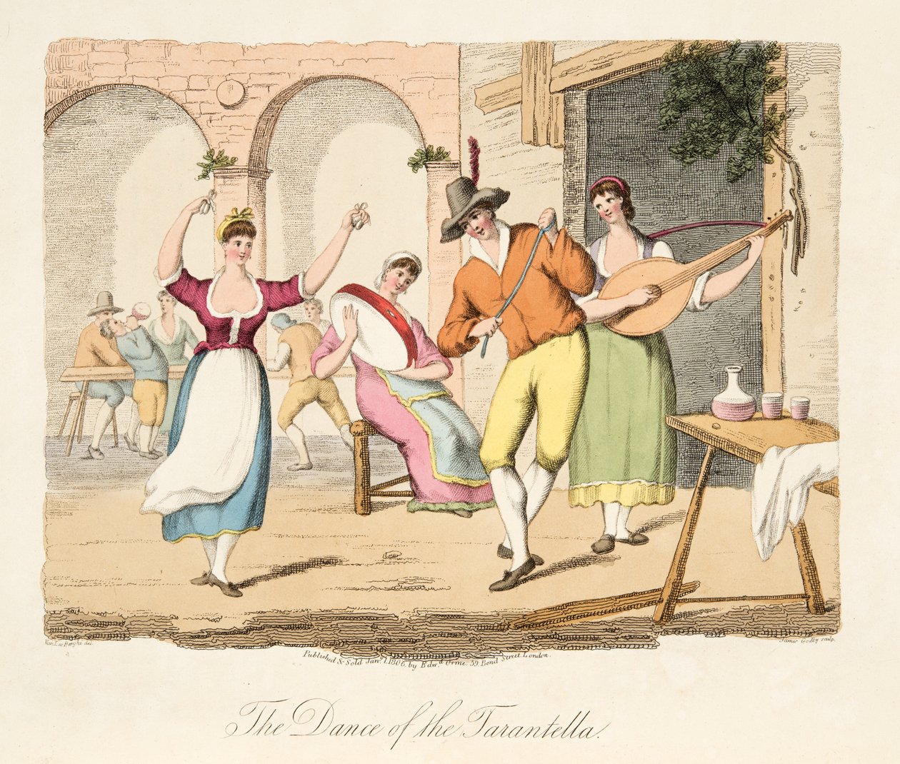 Tanec Tarantely, z italské scenérie, představující způsoby, zvyky a zábavy různých států Itálie, hospoda. 1806 (ručně kolorovaná rytina) od after P. van Lerberghi
