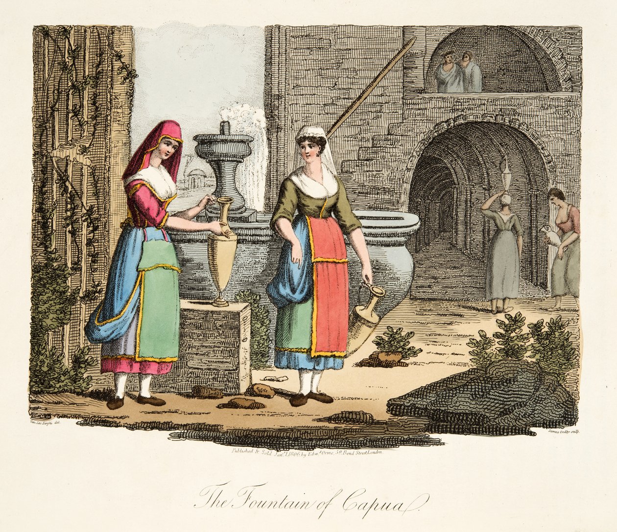 Fontána Capua, z italské scenérie, představující způsoby, zvyky a zábavy různých států Itálie, hospoda. 1806 (ručně kolorovaná rytina) od after P. van Lerberghi