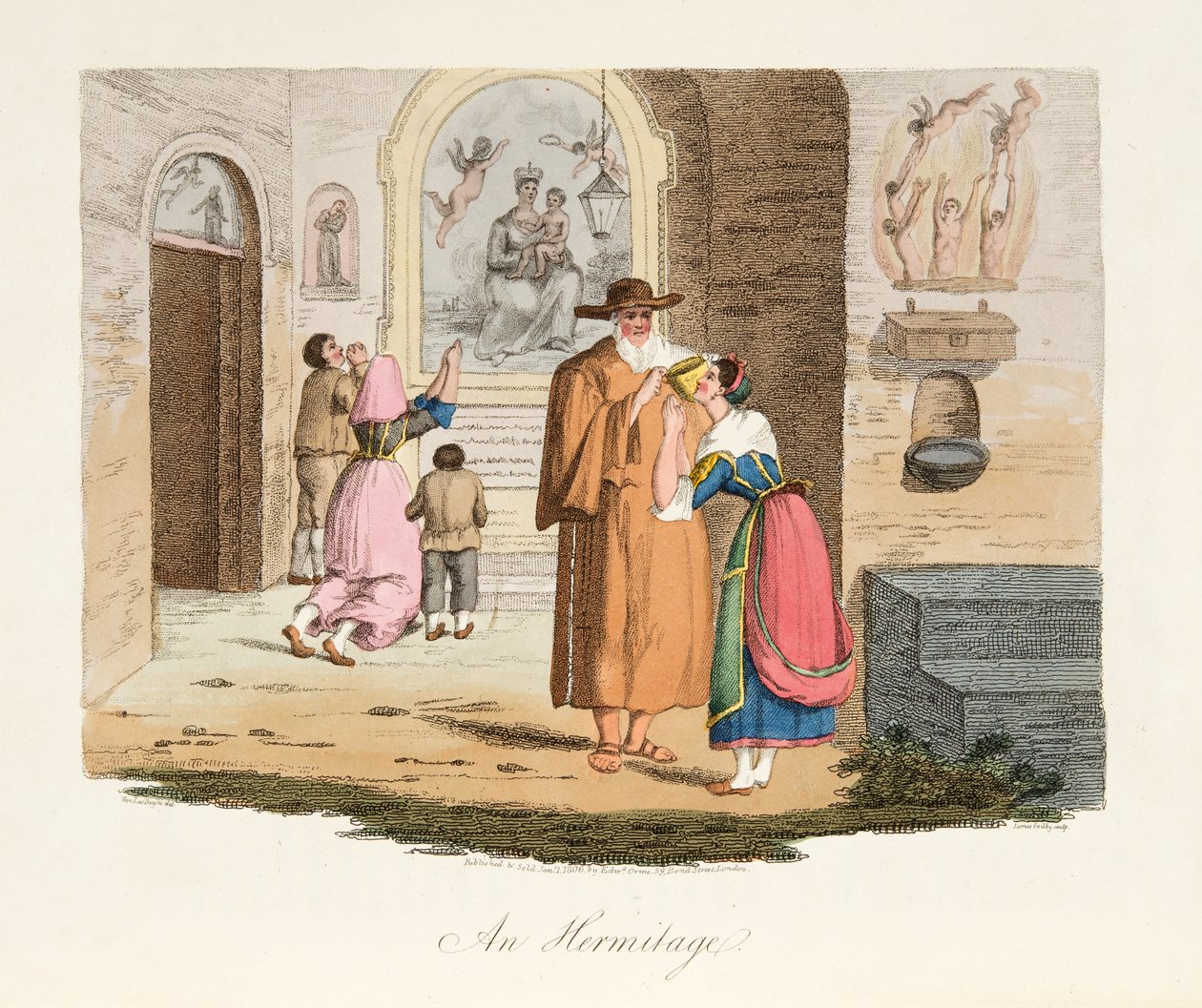 Hermitage of Capua, z italské scenérie, představující způsoby, zvyky a zábavy různých států Itálie, hospoda. 1806 (ručně kolorovaná rytina) od after P. van Lerberghi