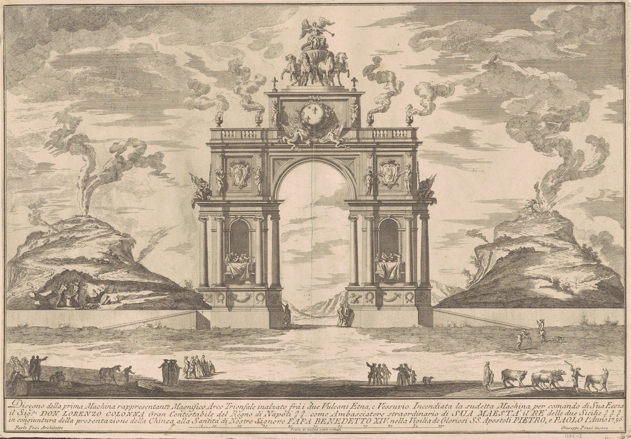 Prima Macchina pro Čínu z roku 1756: Triumfální oblouk mezi Etnou a Vesuvem od after Paolo Posi Giuseppe Pozzi